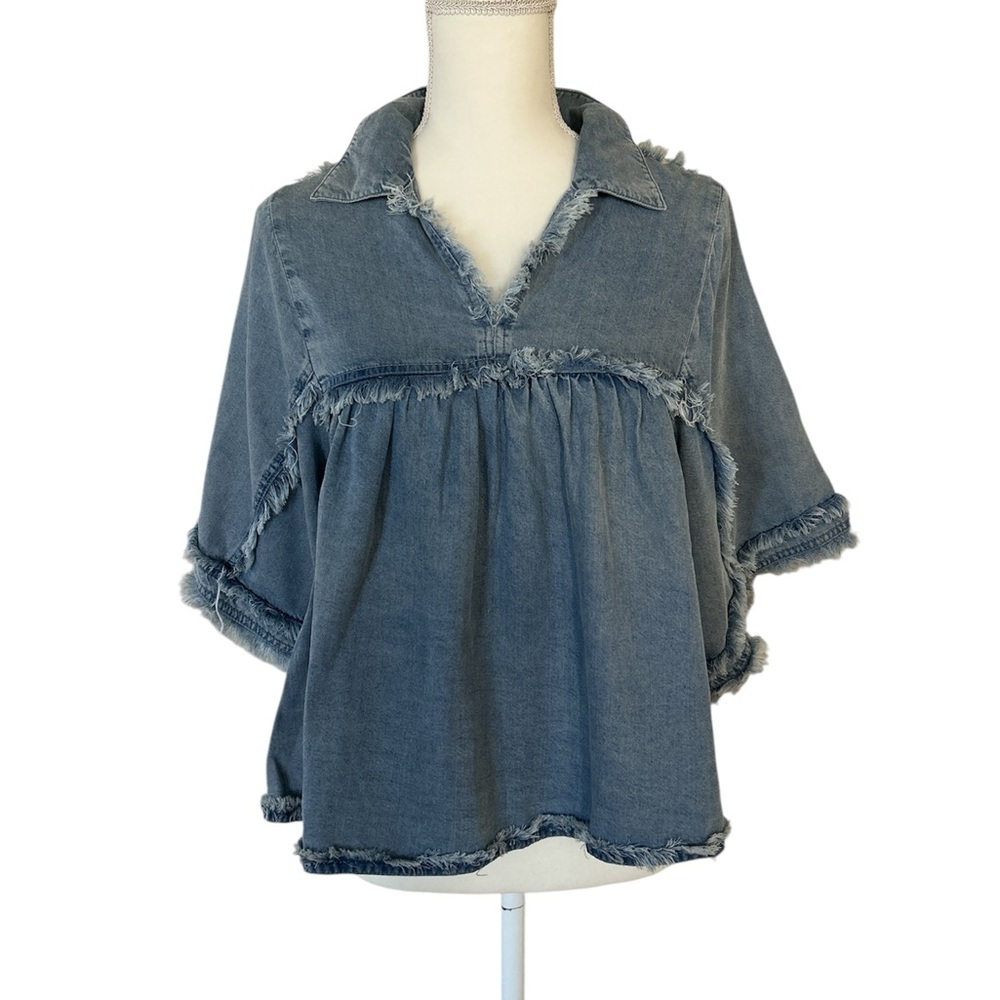 Given Kale Fringed Denim Bohemian Top